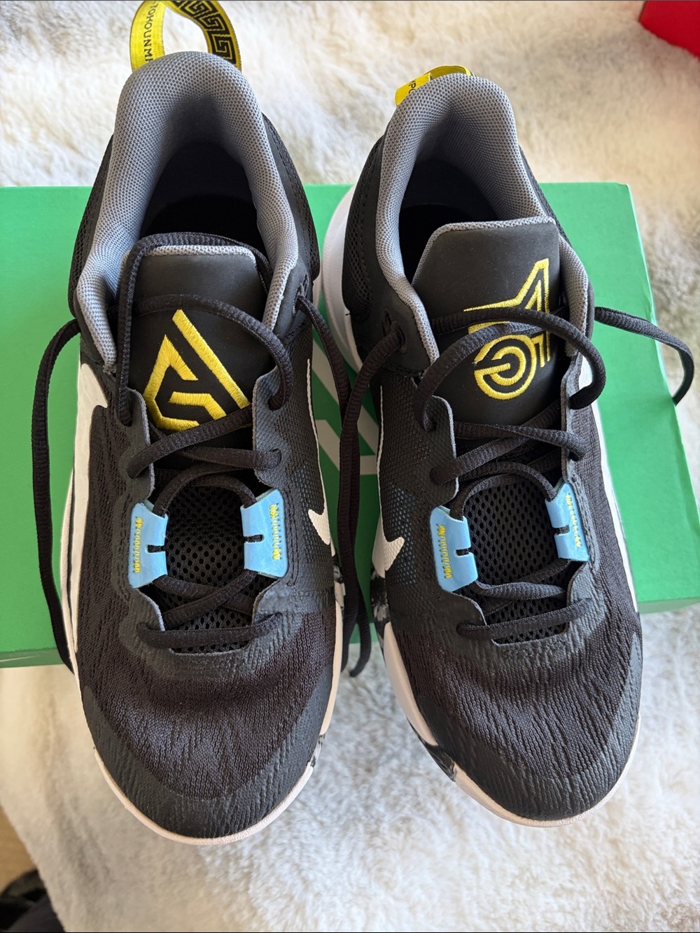 Nike Giannis Kids Black and Gray Sneakers with Yellow and Light Blue Accents